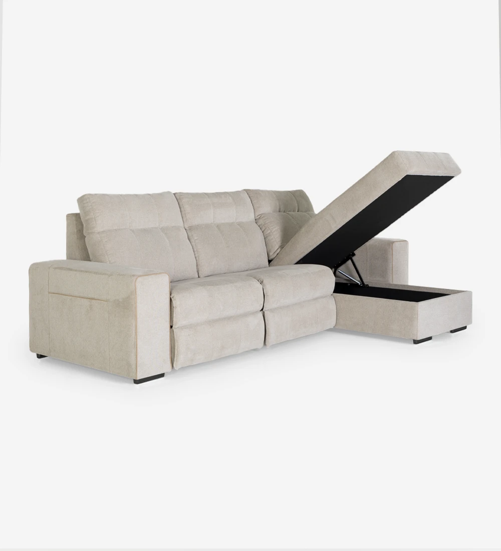 Canapé 2 places avec chaise longue revêtu en tissu, avec système relax et rangement sur la chaise longue..