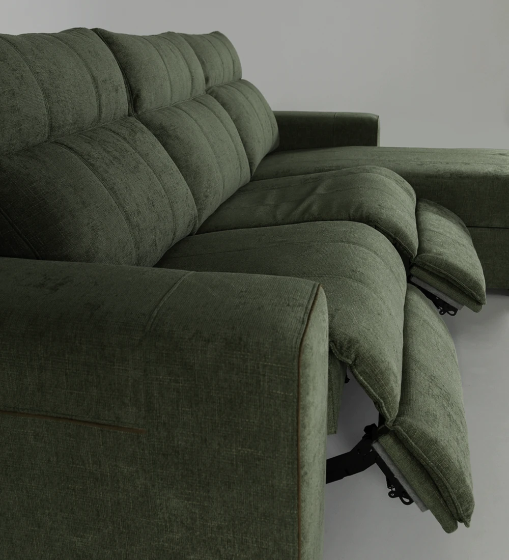 2 seater sofa with chaise longue upholstered in fabric, with relax system and storage on the chaise longue.