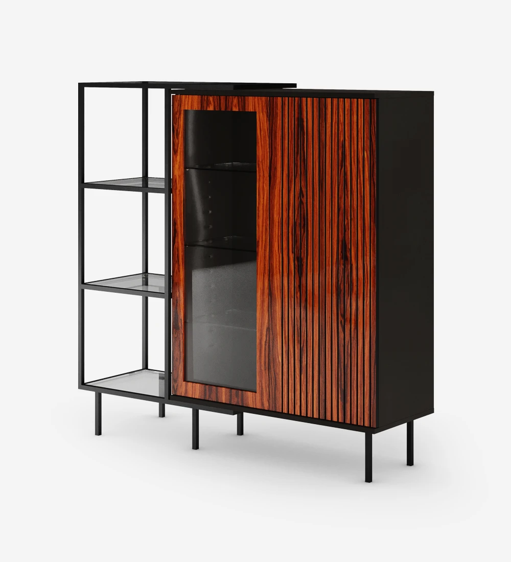 Showcase with lighting, 2 doors with friezes in high gloss palissander, structure in black and black lacquered metal feet with levelers. Side extension with black lacquered metal structure, glass shelf.