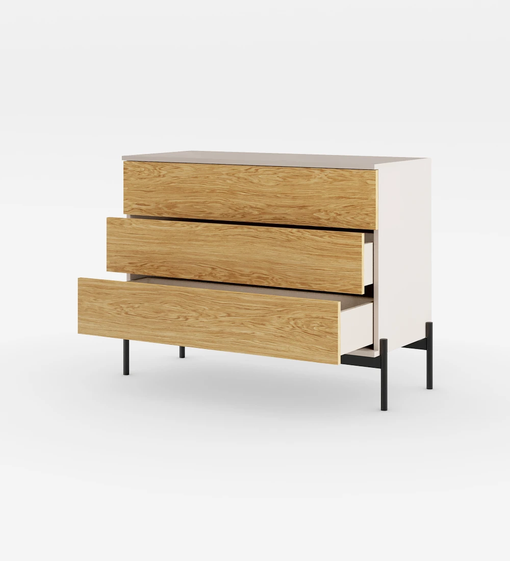 Dresser with 3 natural oak drawers, pearl structure and black lacquered metal feet with levelers.
