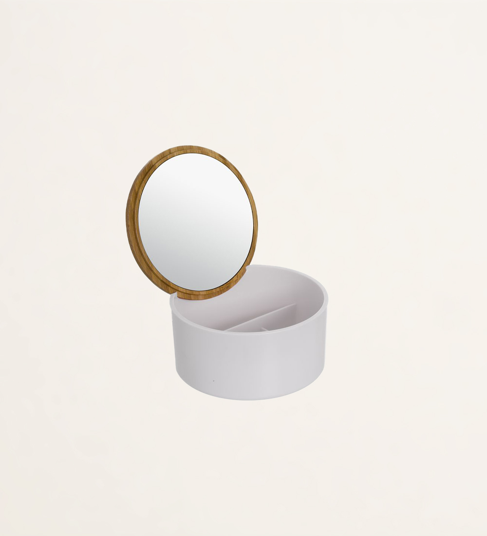 Boîte à bijoux ronde avec couvercle en bambou et miroir