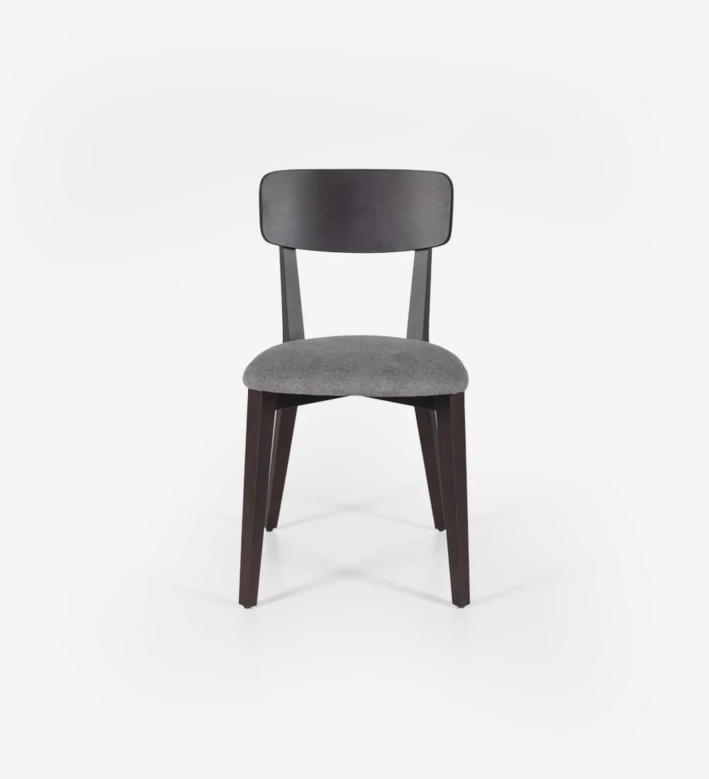 Dark brown ash wood chair with fabric upholstered seat.