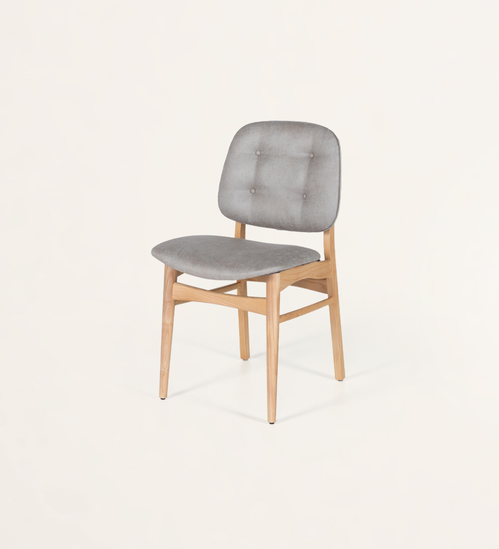 Chair in ash wood, natural color, with fabric upholstered seat and back, with 4 buttons and vivid on the back.