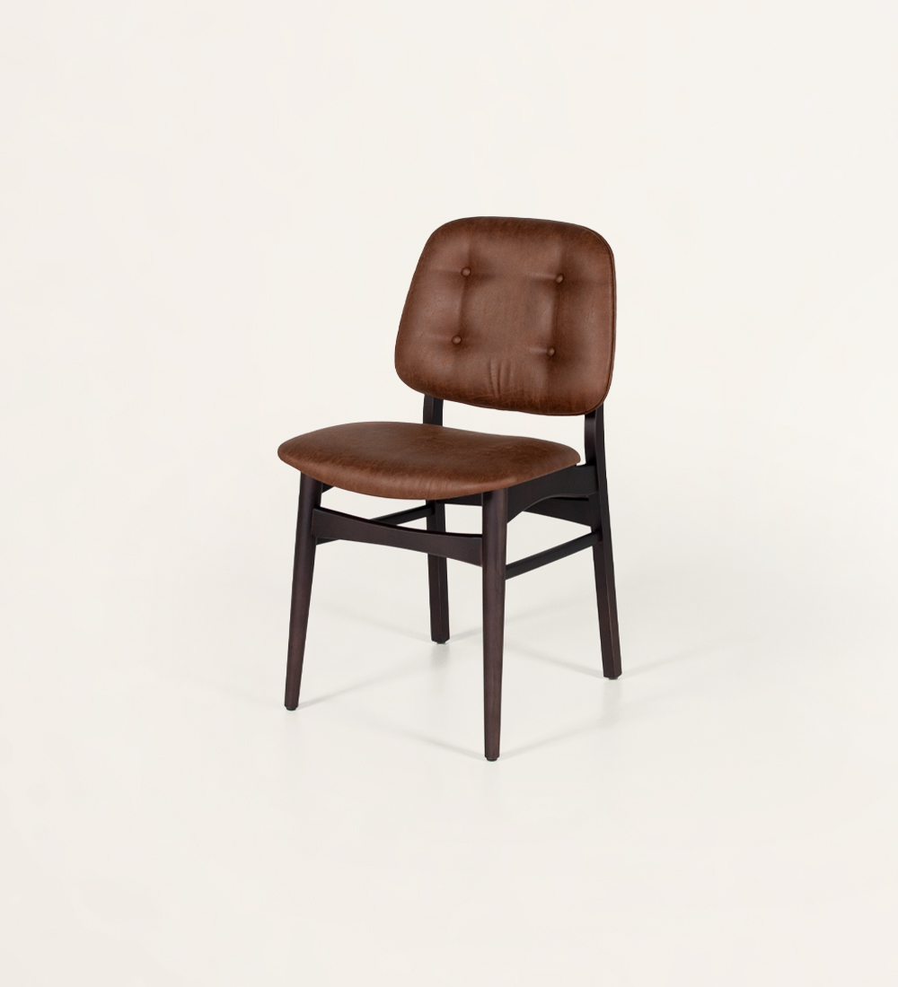 Dark brown ash wood chair with fabric upholstered seat and back, with 4 buttons and vivid on the back.
