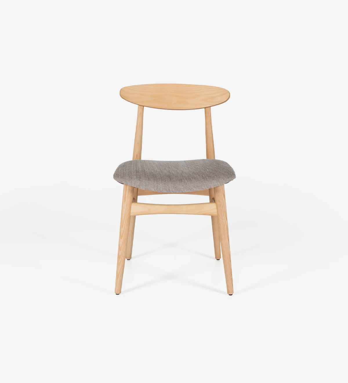 Natural color ash wood chair with fabric upholstered seat.