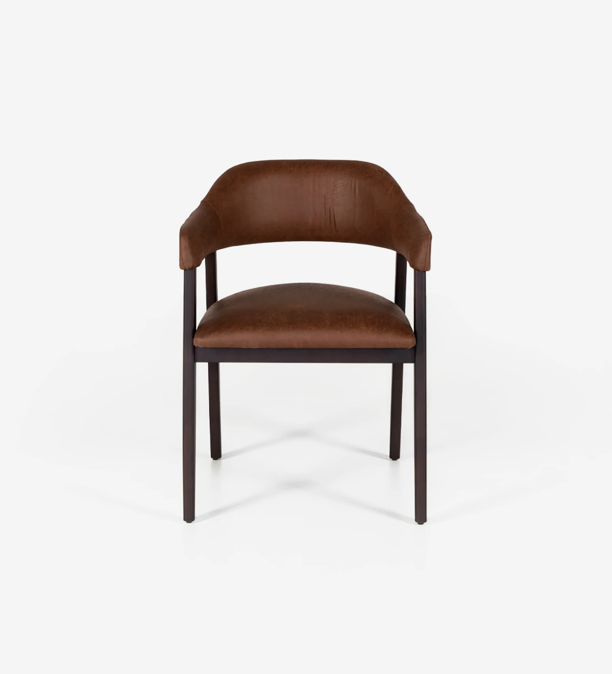Chaise en bois de frêne brun foncé avec accoudoirs, assise et dossier rembourrés en tissu.