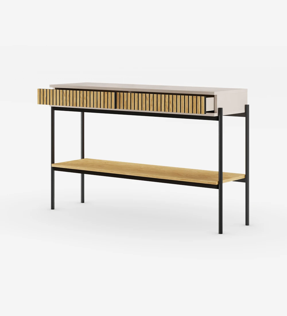 Console with 2 frieze drawers and shelf in natural oak, pearl structure and black lacquered metal feet with levelers.