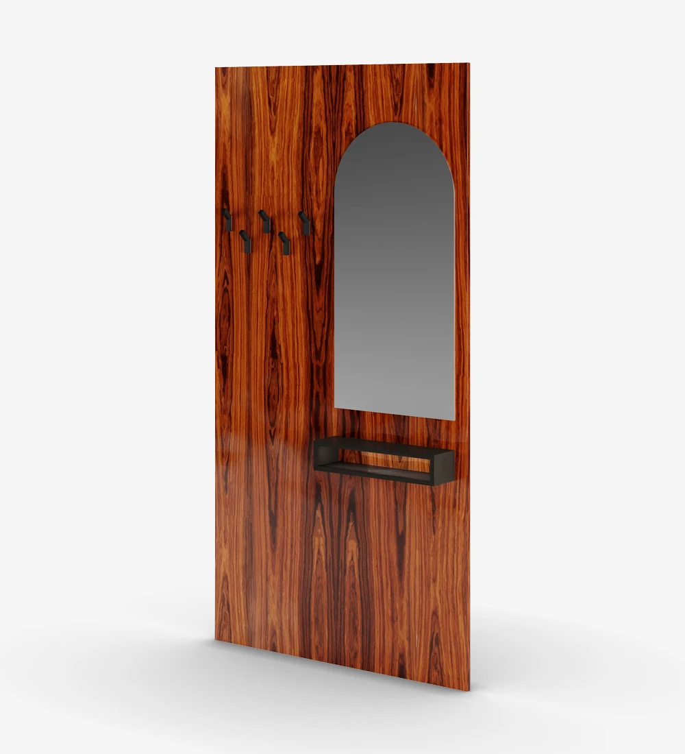 Panel de entrada de palisandro alto brillo, con espejo, módulo negro y ganchos negros.