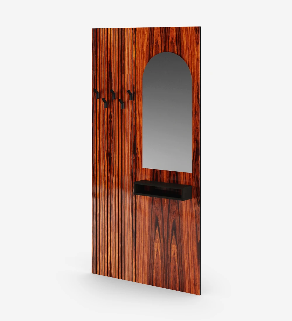 Panel for entrance hall in high-gloss palissander with friezes, with mirror, module and hooks in black.