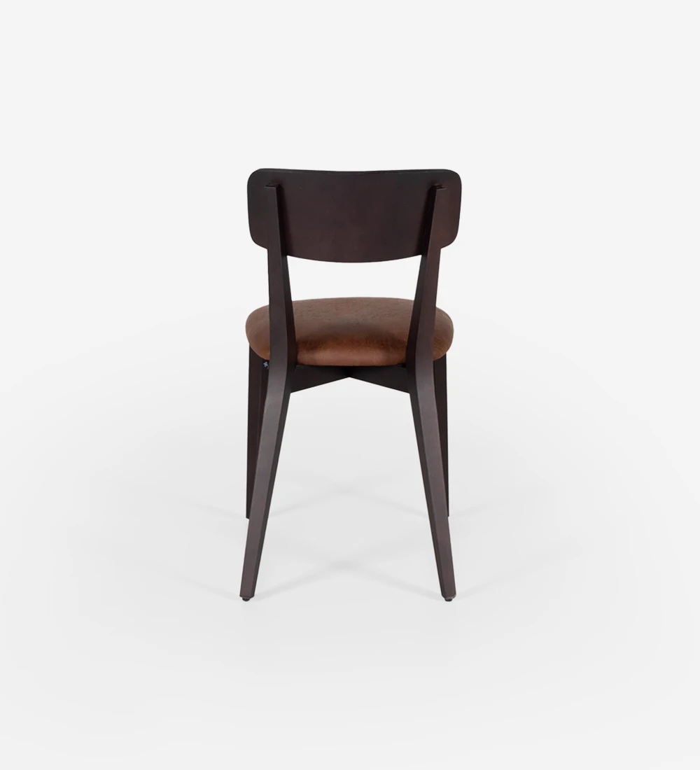 Dark brown ash wood chair with fabric upholstered seat.