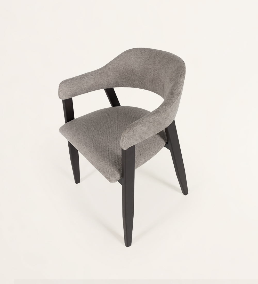 Dark brown ash wood chair with armrests and fabric upholstered seat and back.