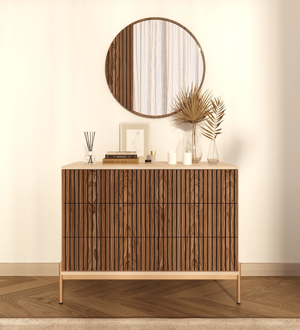 Dresser with 3 walnut drawers with friezes, pearl structure and golden lacquered metal feet with levelers.