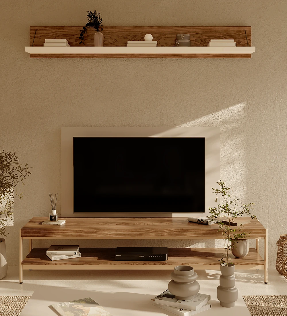 TV Console in walnut, with golden lacquered metal structure, feet with levelers.