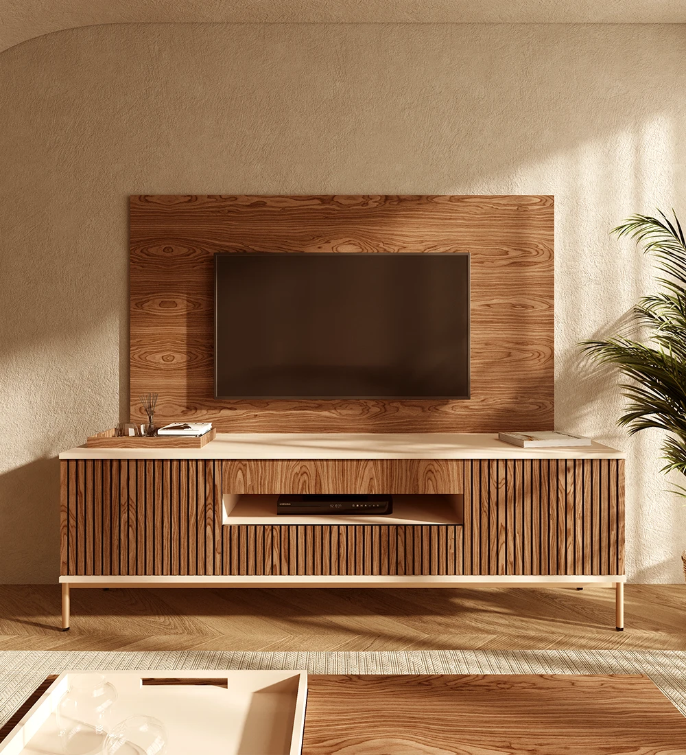 TV stand with two doors and two drawers with friezes in walnut, pearl structure and gold lacquered metal feet with levelers.