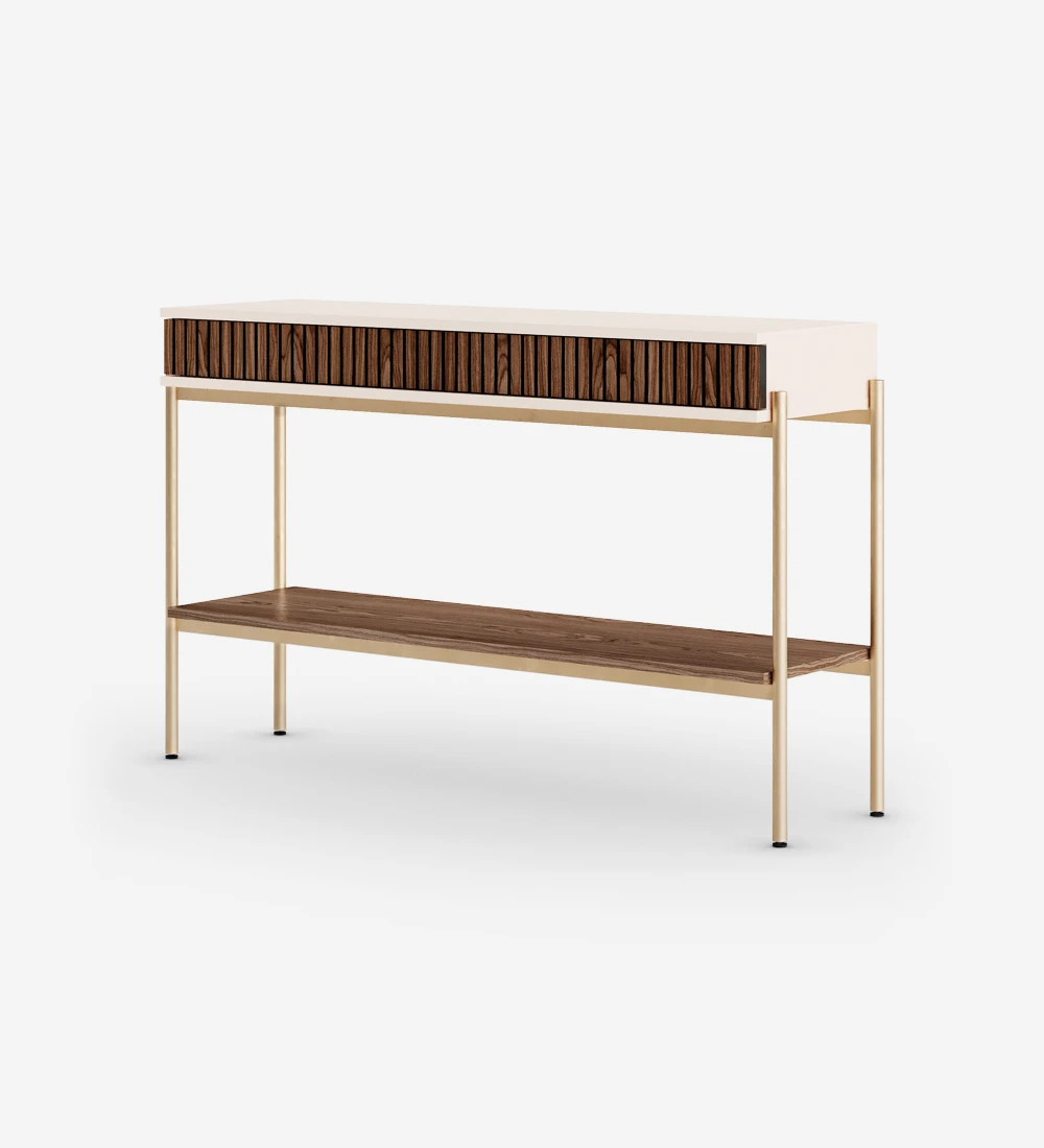 Console with 2 frieze drawers and walnut shelf, pearl structure and gold lacquered metal feet with levelers.