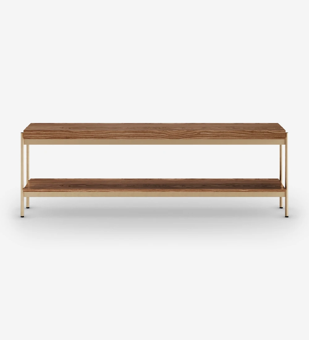 Console with walnut top and shelf, golden lacquered metal structure, leveled legs.