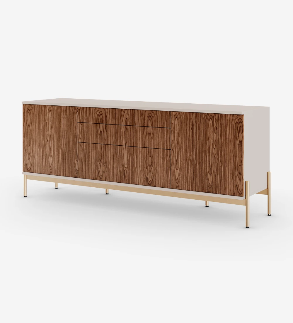 Sideboard with 2 doors, 1 hinged door and two walnut drawers, pearl structure and gold lacquered metal legs with levelers.