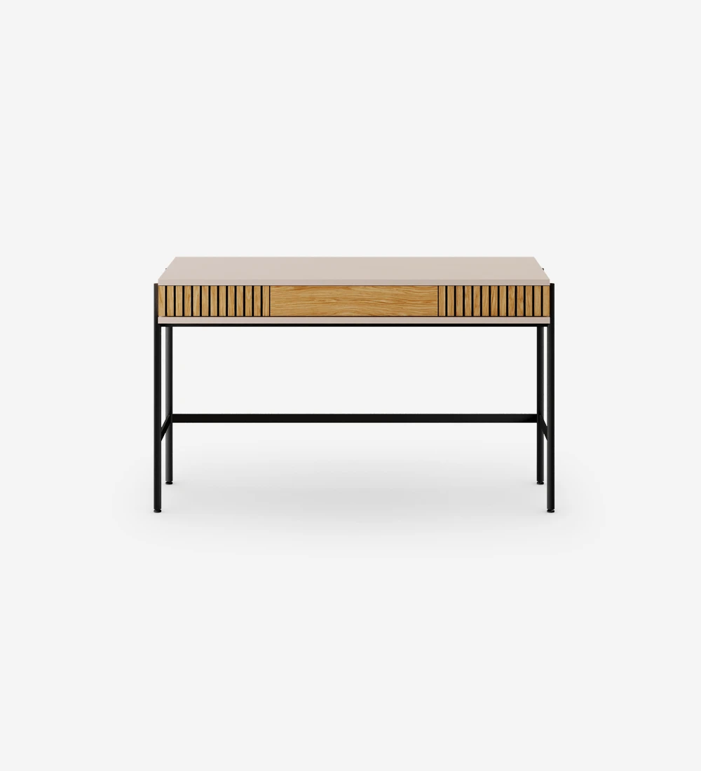 Desk with 2 drawers with friezes in natural oak, pearl structure and black lacquered metal feet with levelers.