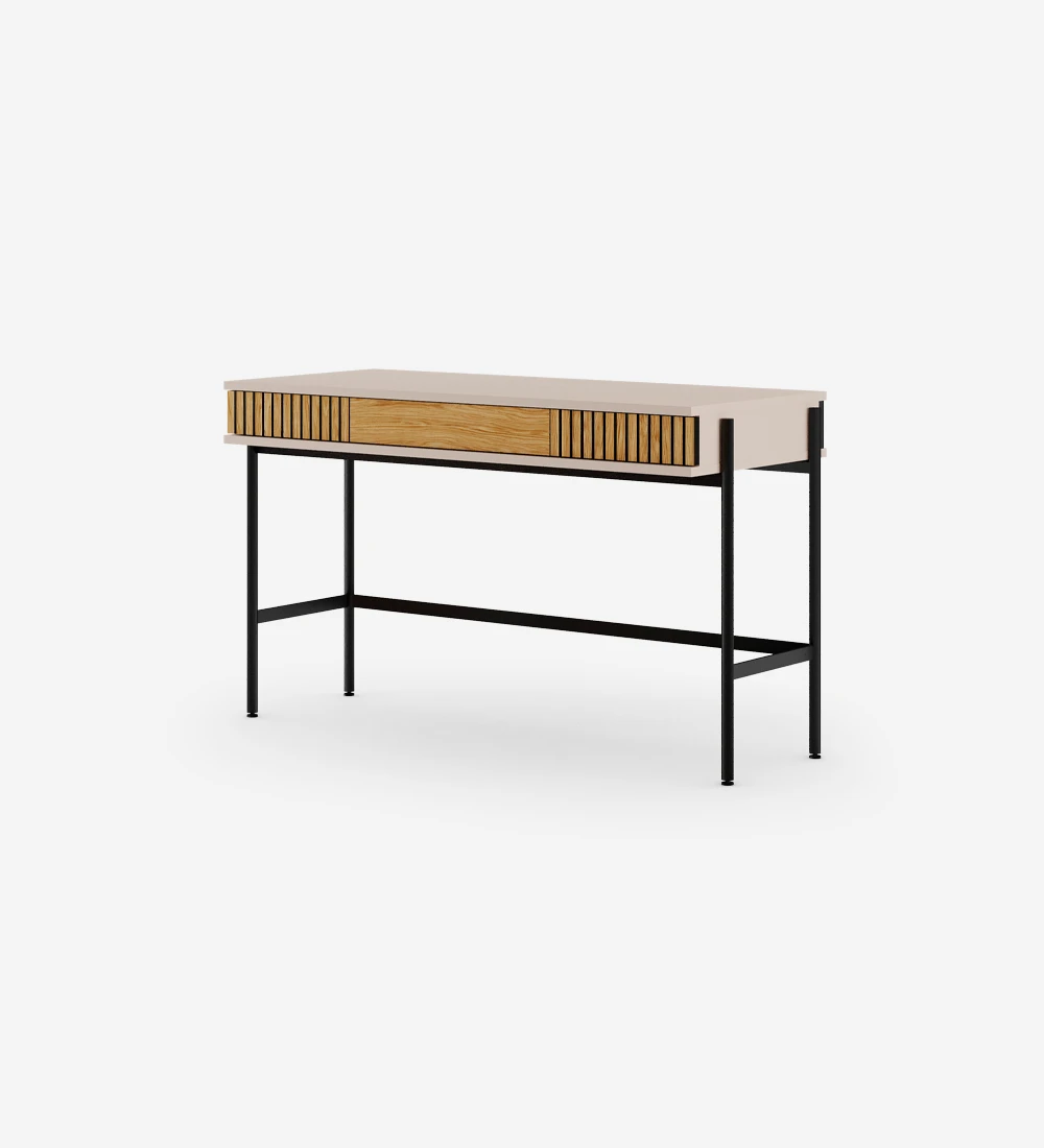 Desk with 2 drawers with friezes in natural oak, pearl structure and black lacquered metal feet with levelers.
