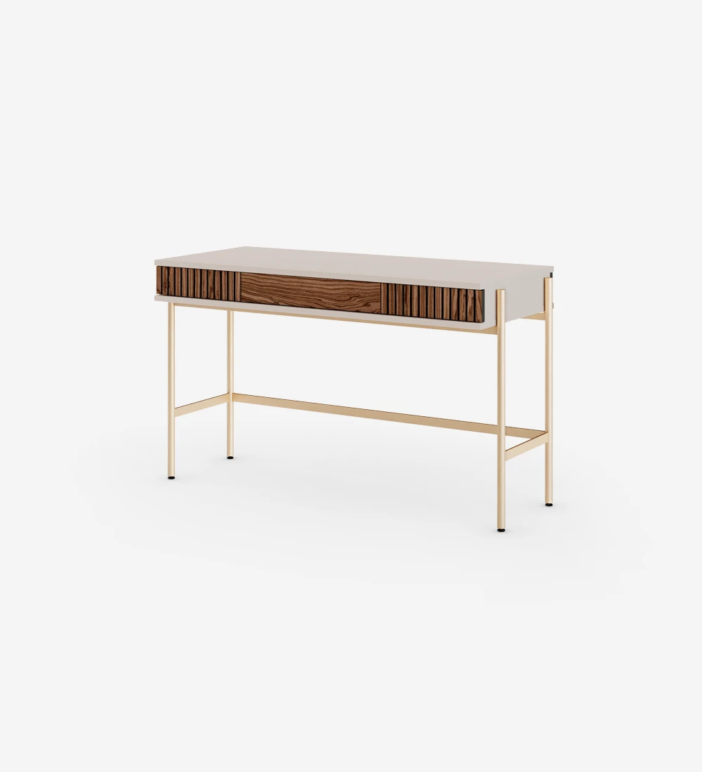 Desk with 2 drawers with walnut friezes, pearl structure and gold lacquered metal feet with levelers.