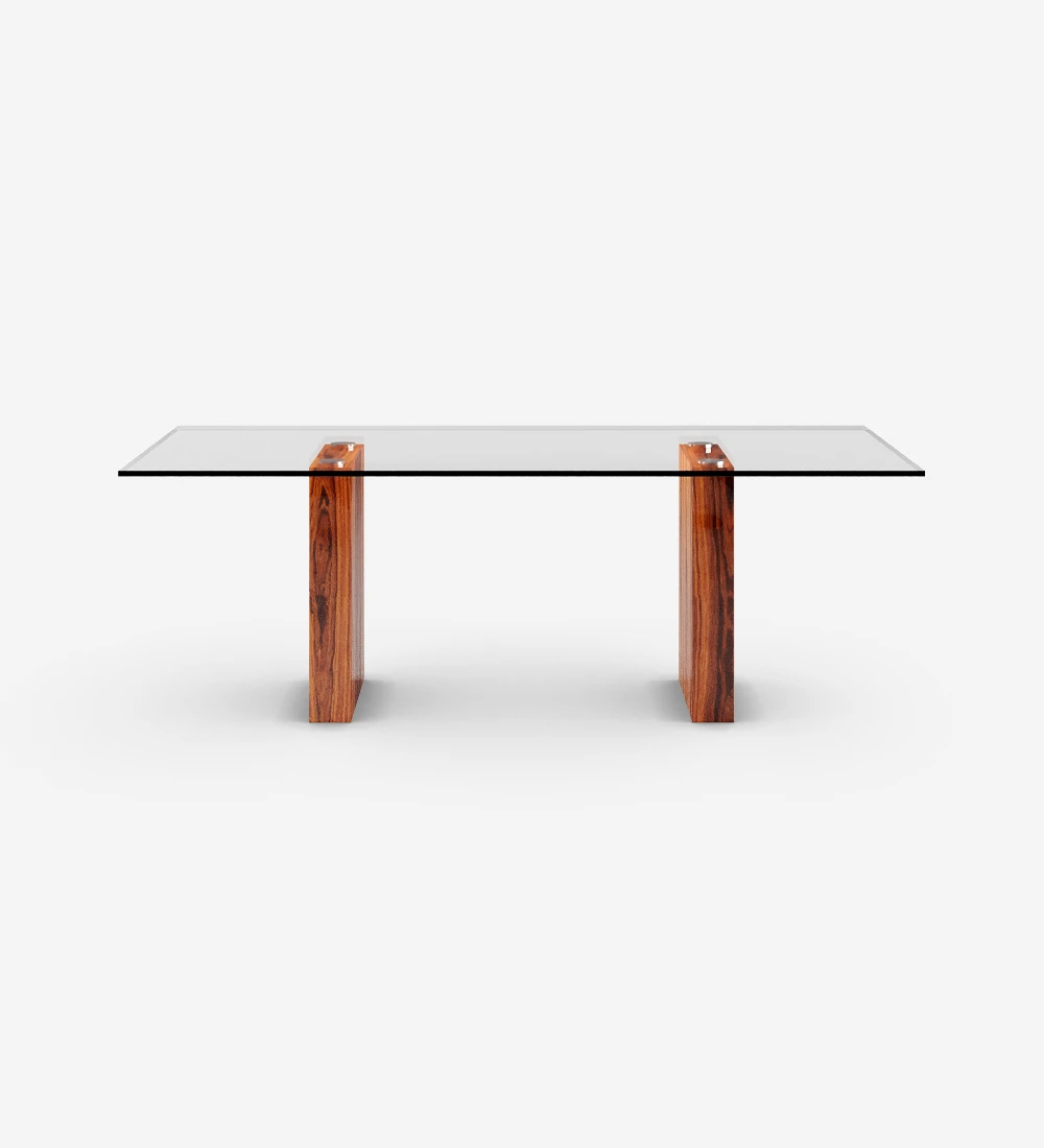 Rectangular dining table with glass top, high gloss palissander legs.