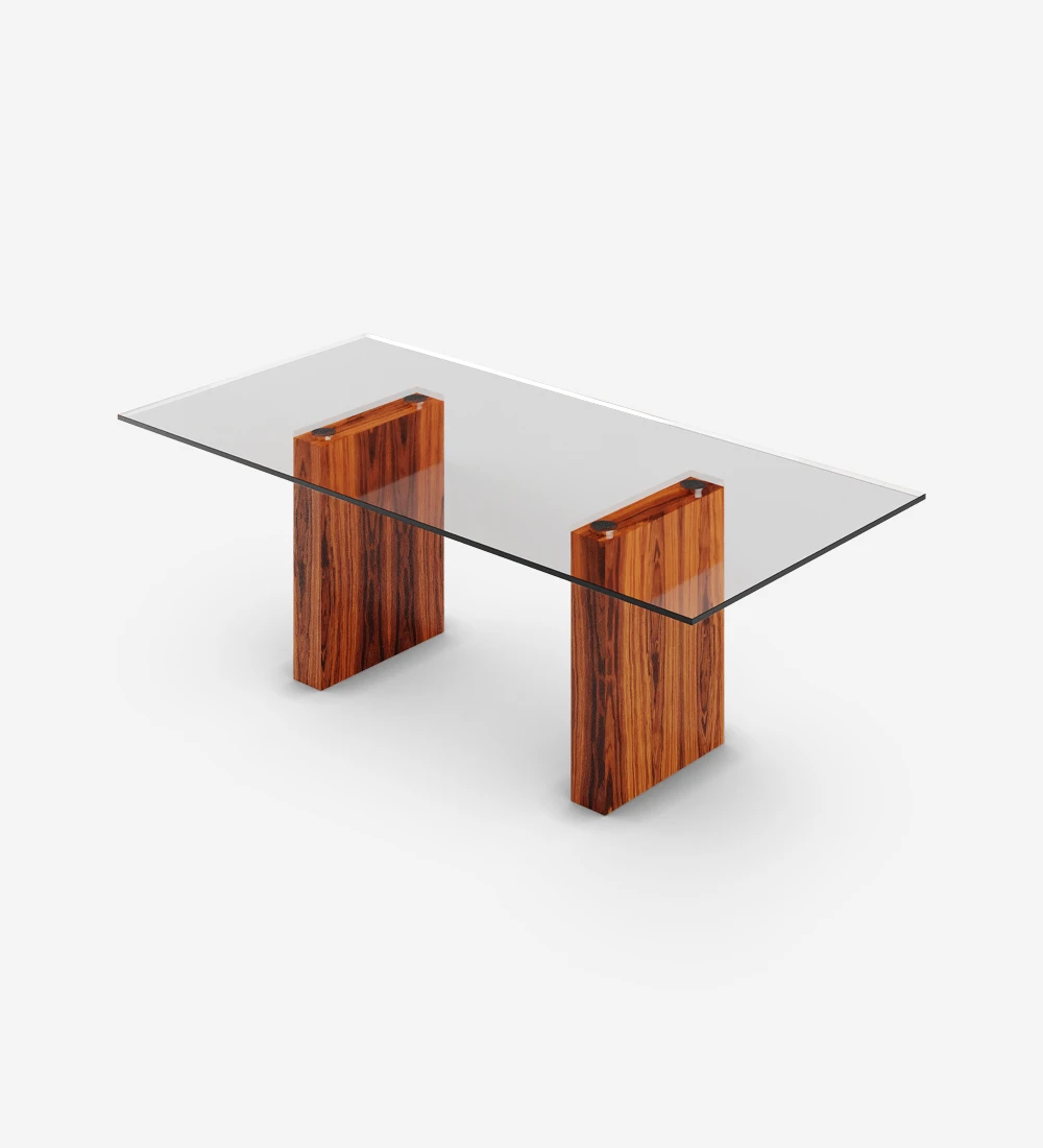 Rectangular dining table with glass top, high gloss palissander legs.