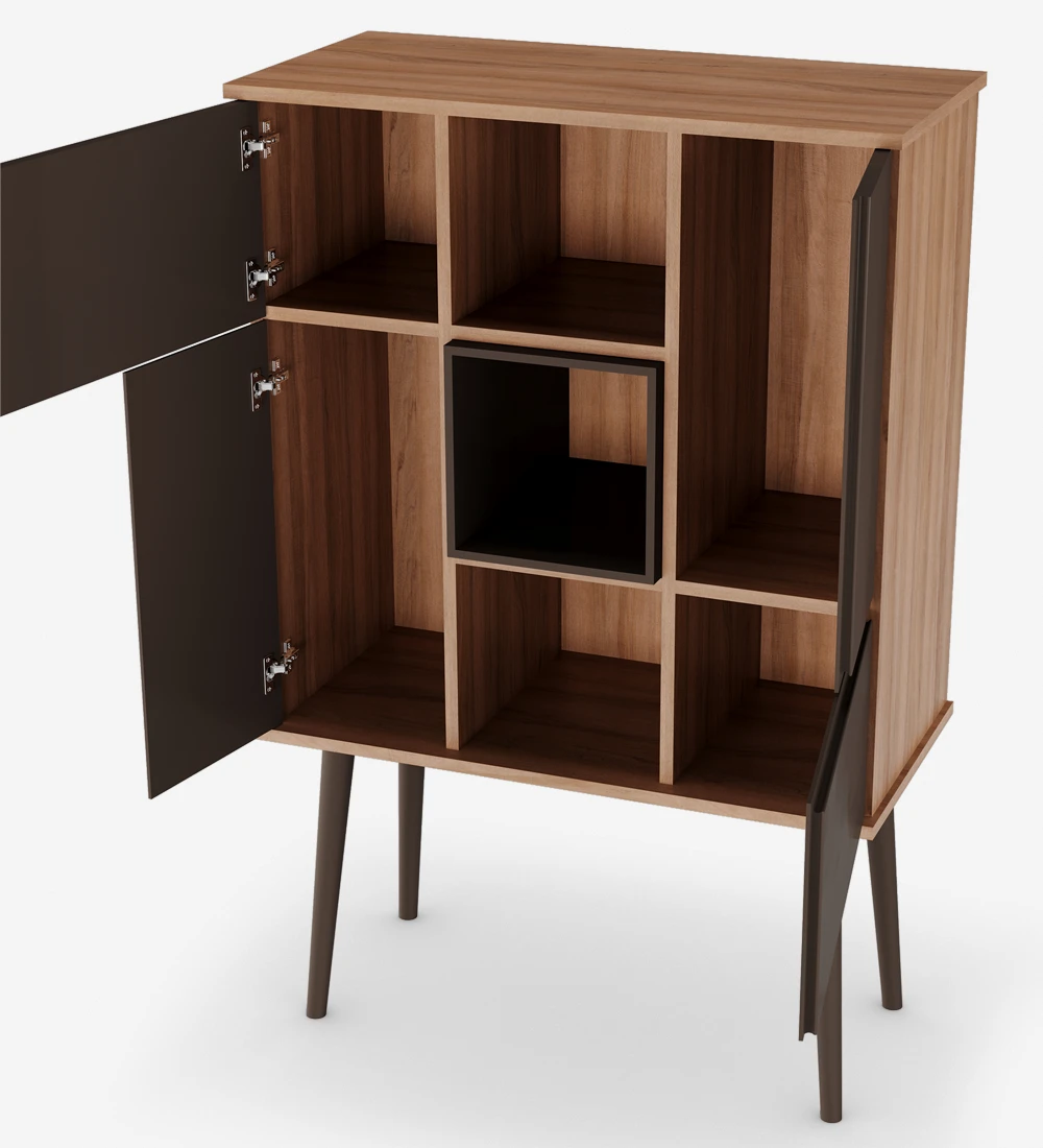 Bar cabinet in walnut, dark brown lacquered doors, module and turned legs.