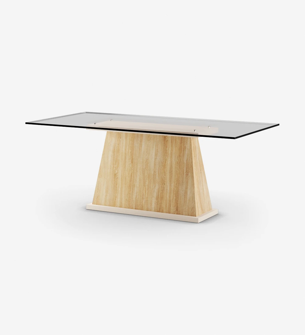Rectangular dining table with glass top, central foot in natural color oak and pearl lacquered base.