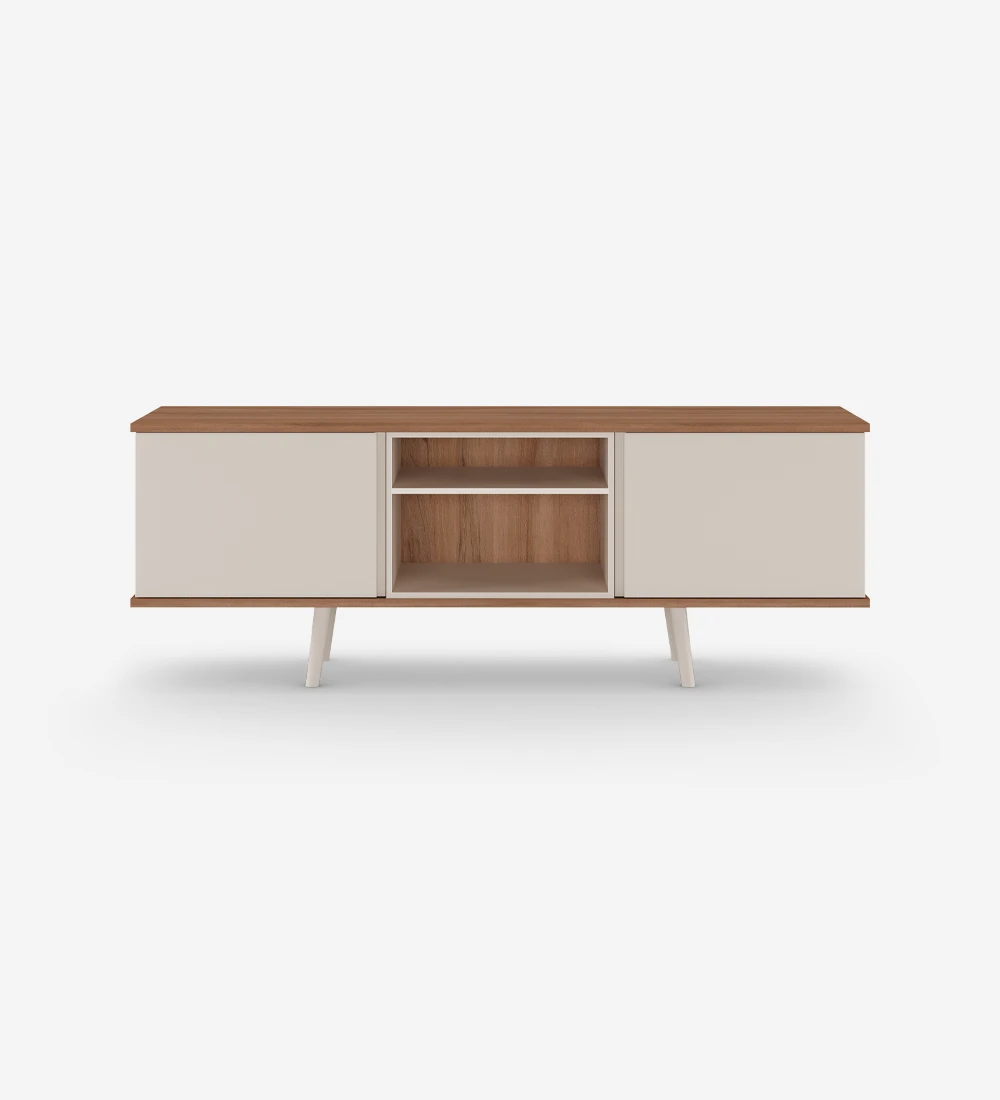 TV stand with 2 doors, module and pearl lacquered legs, walnut structure.