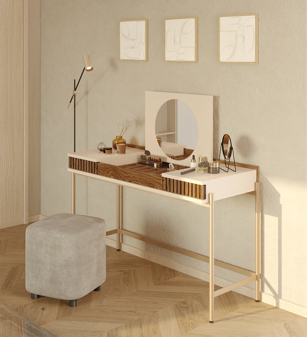 Dressing Table with 2 drawers with walnut friezes, pearl structure and gold lacquered metal feet with levelers.