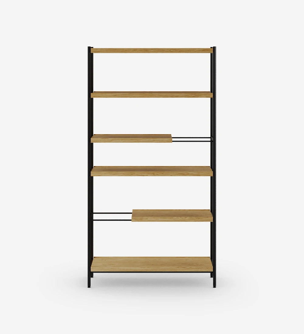 Double-sided bookcase in natural oak, with black lacquered metal structure, feet with levelers.