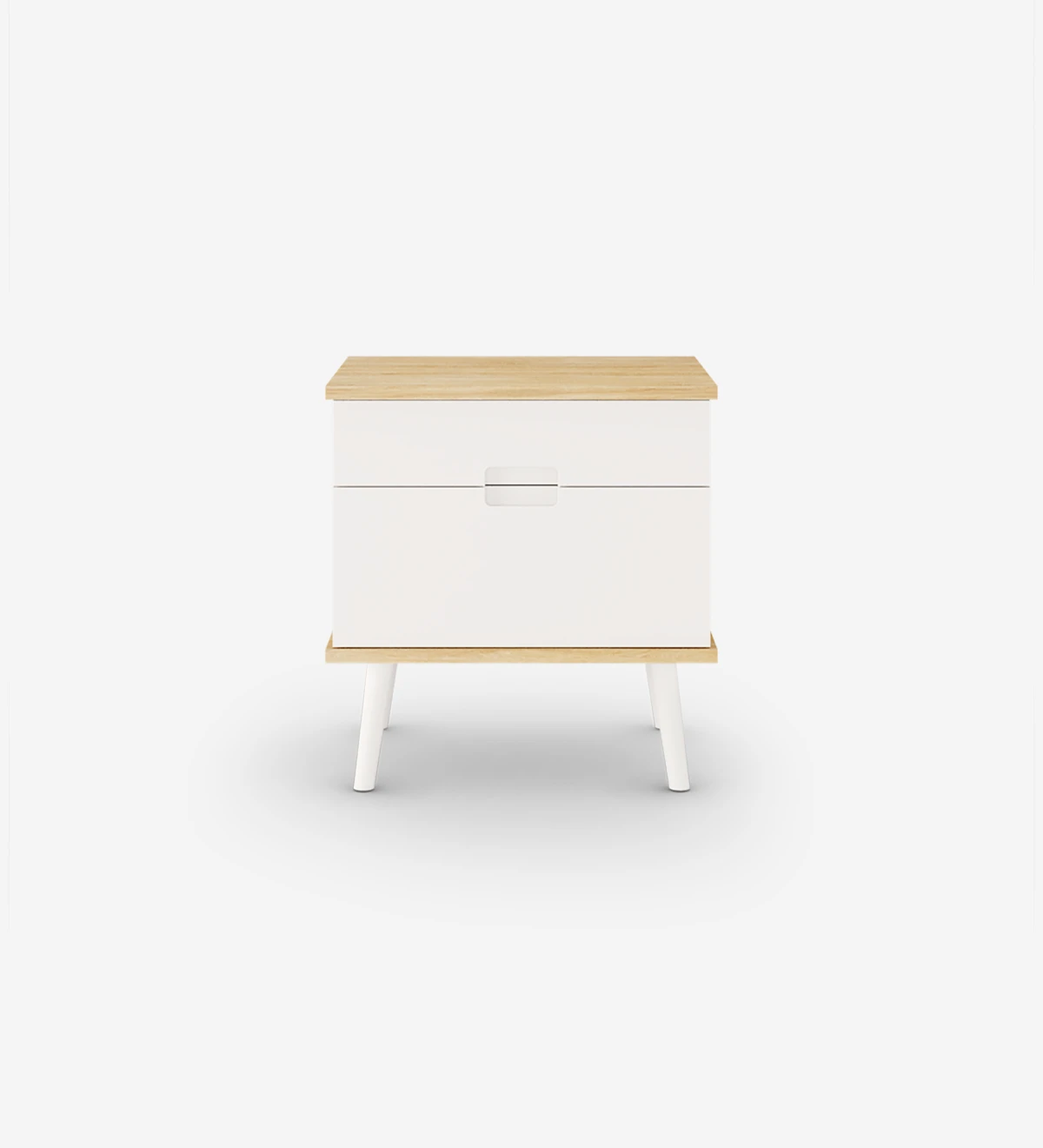 Bedside Table with 2 drawers and turned feet lacquered in pearl, natural oak structure.