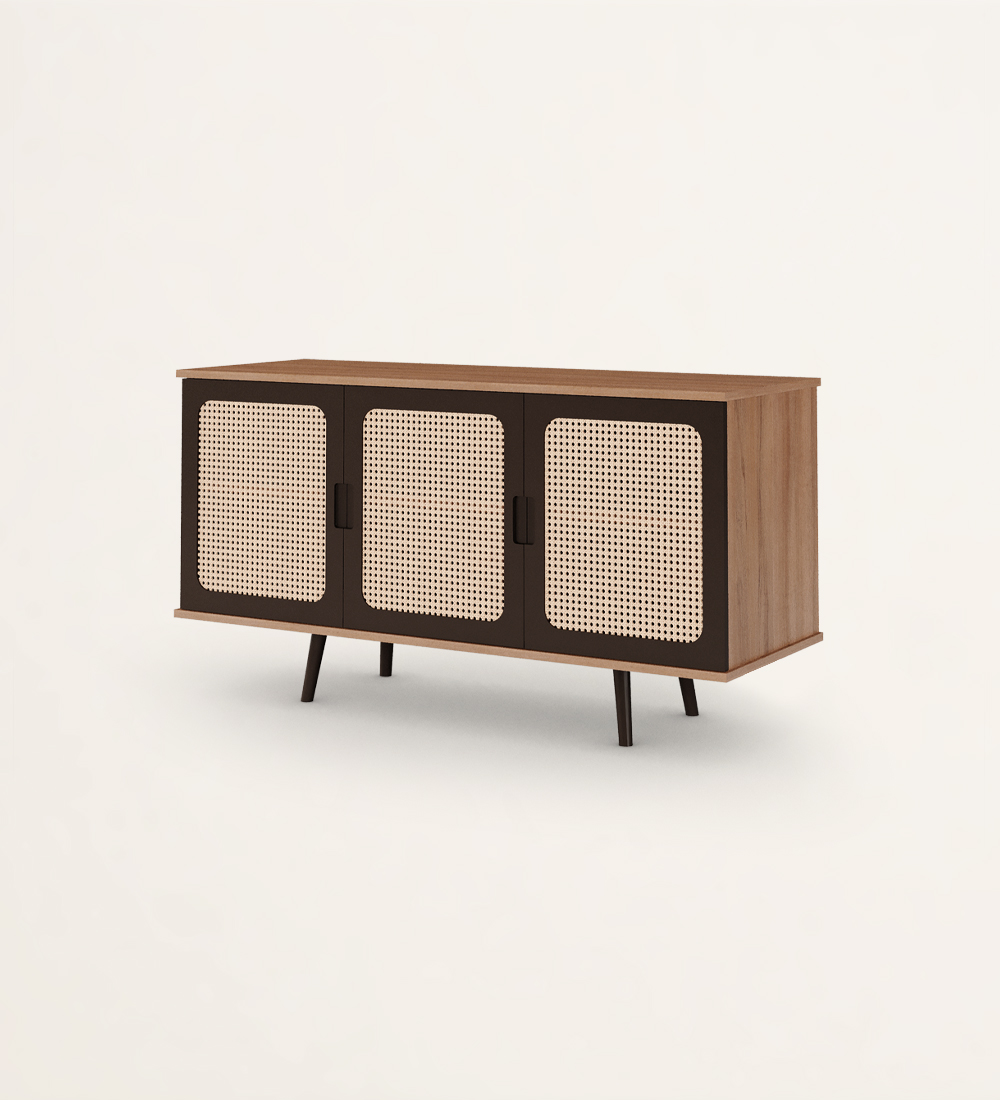 Sideboard with 3 rattan detail doors, dark brown lacquered legs and walnut frame.