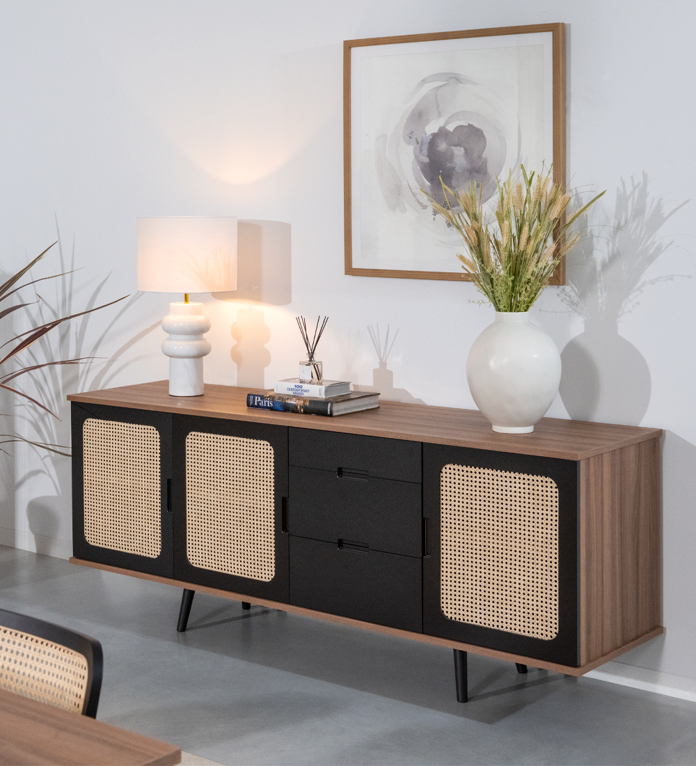 Sideboard with 3 rattan detail doors, 3 drawers and dark brown lacquered legs, walnut structure.