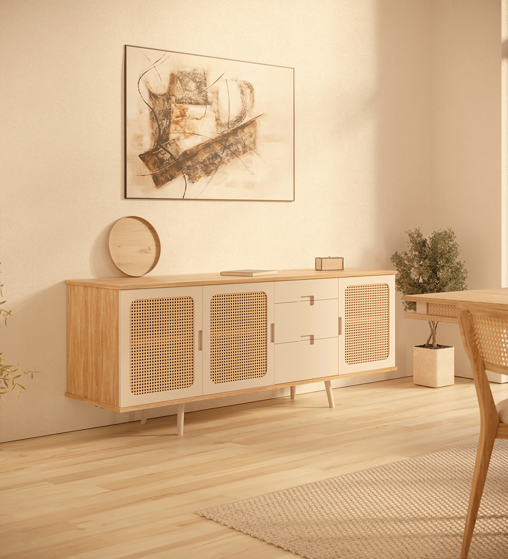 Sideboard with 3 rattan detail doors, 3 drawers and pearl lacquered legs, natural color oak structure.