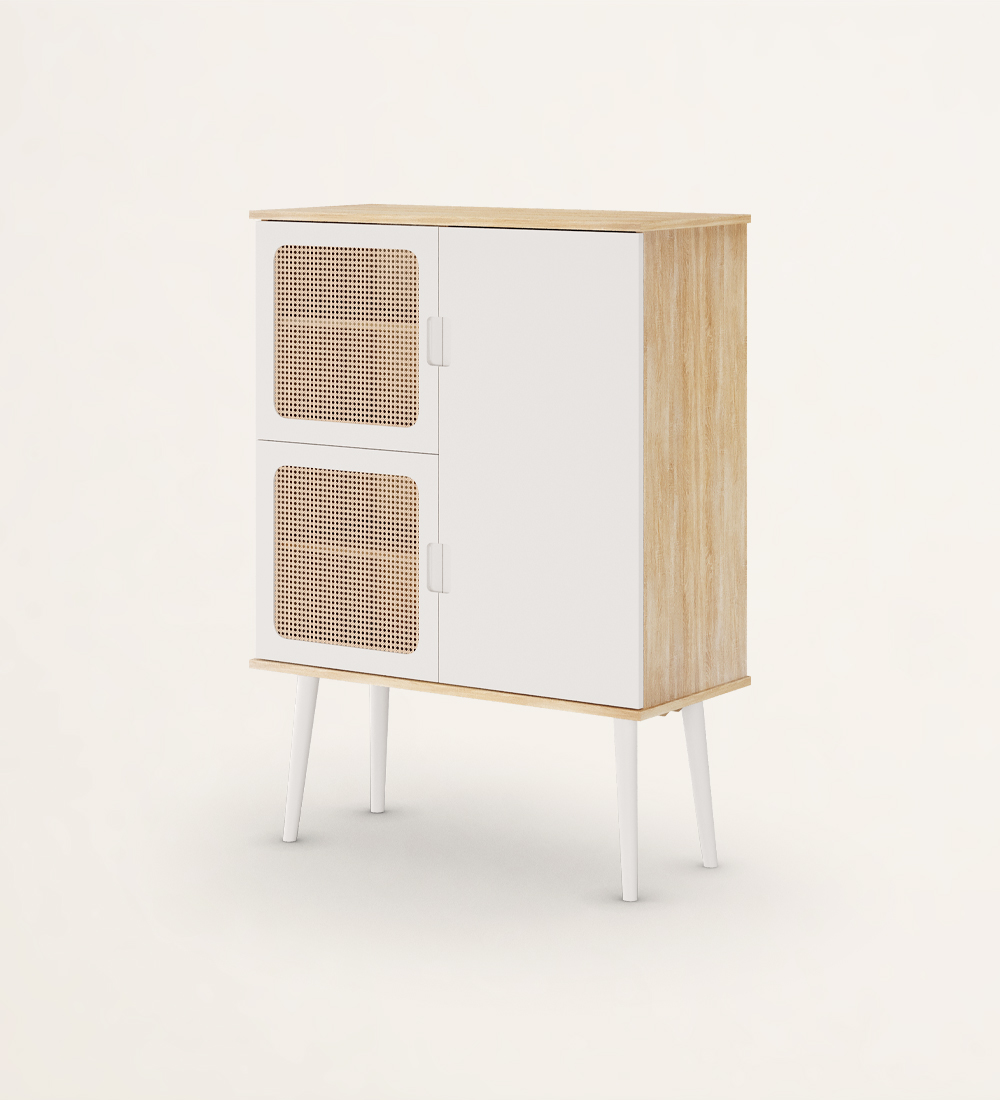 Cupboard with 3 doors, rattan detail in 2 doors, natural color oak structure, pearl lacquered doors and feet.