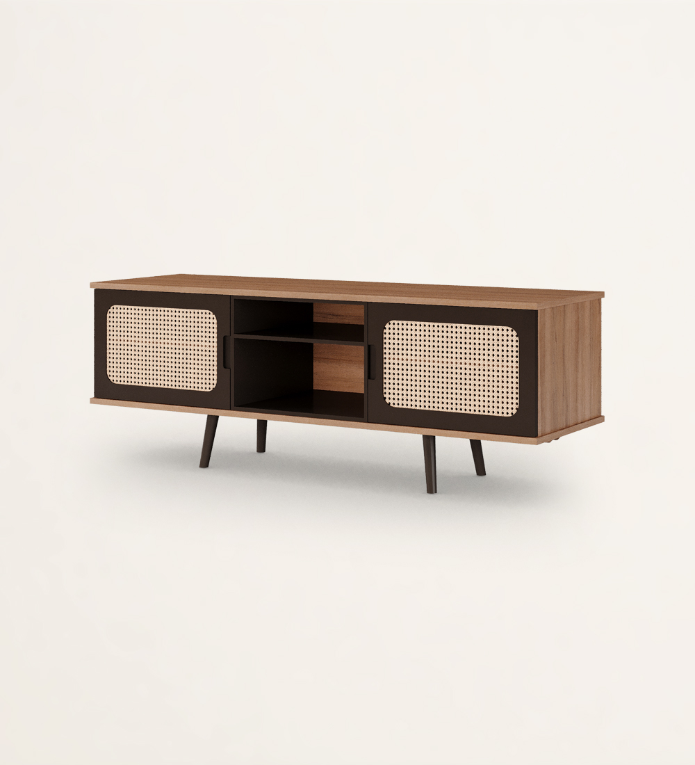 TV stand with 2 doors in rattan detail, module and feet lacquered in dark brown, walnut structure.