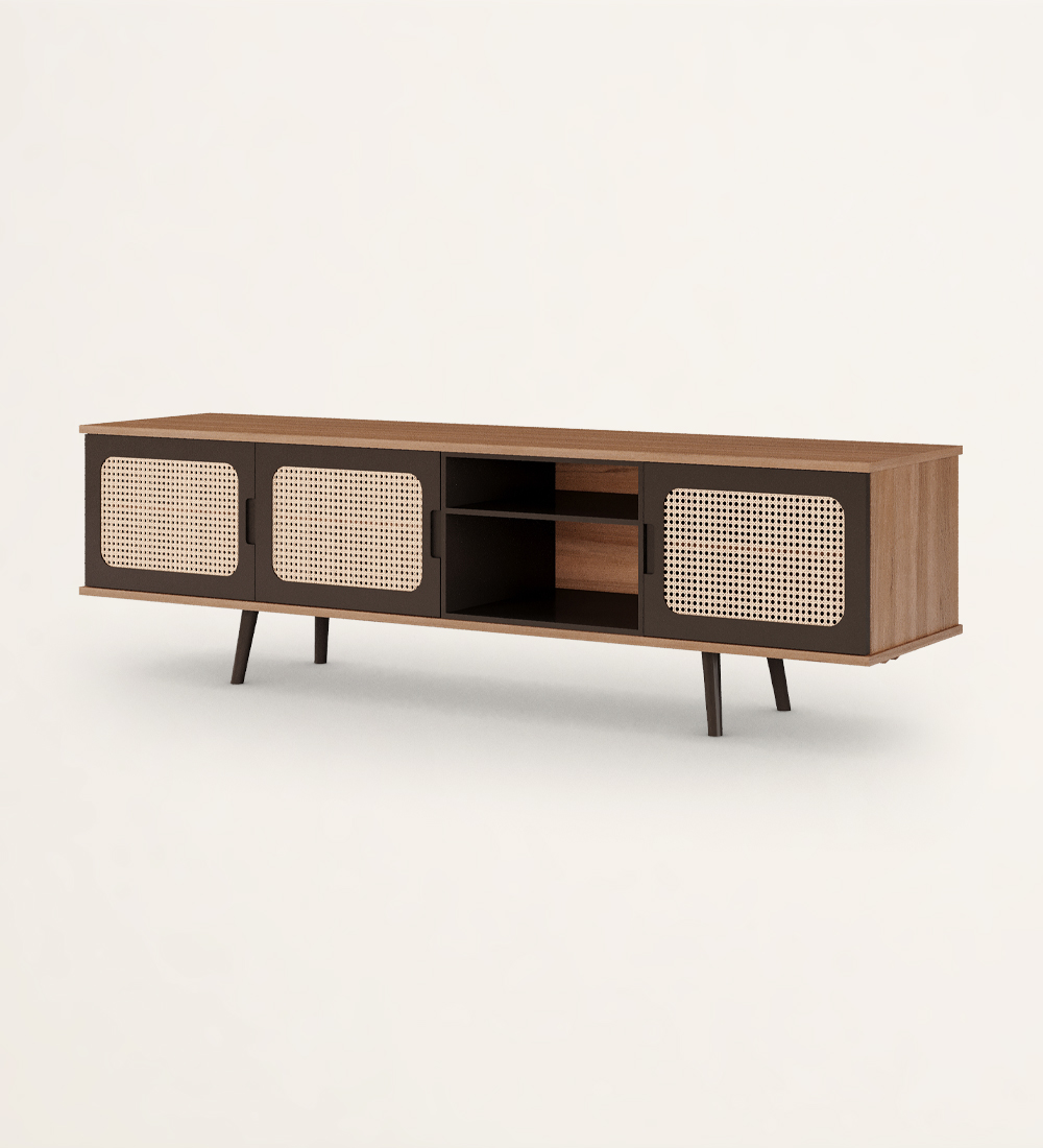 TV stand with 3 doors in rattan detail, module and feet lacquered in dark brown, walnut structure.