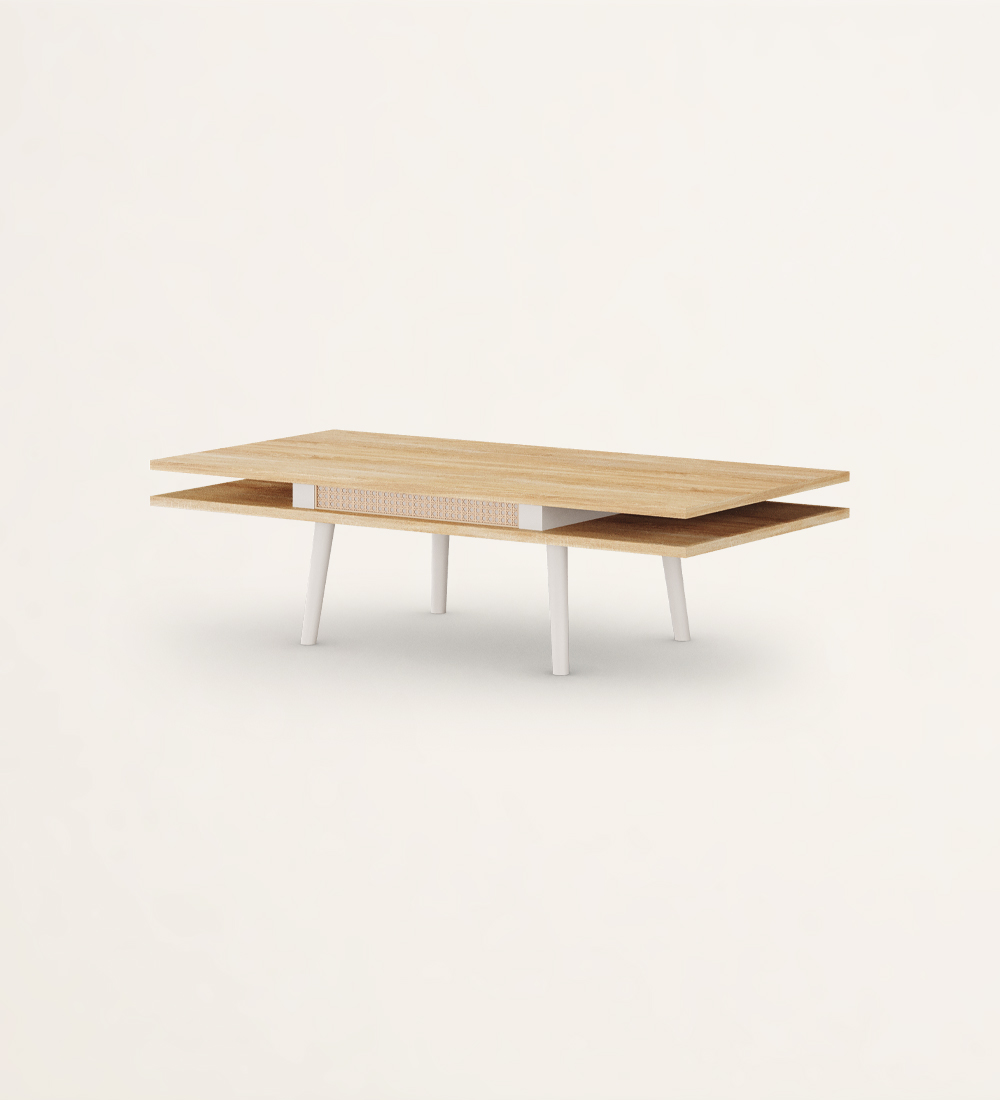Table basse rectangulaire avec deux plateaux en chêne naturel et pieds laqués perle.