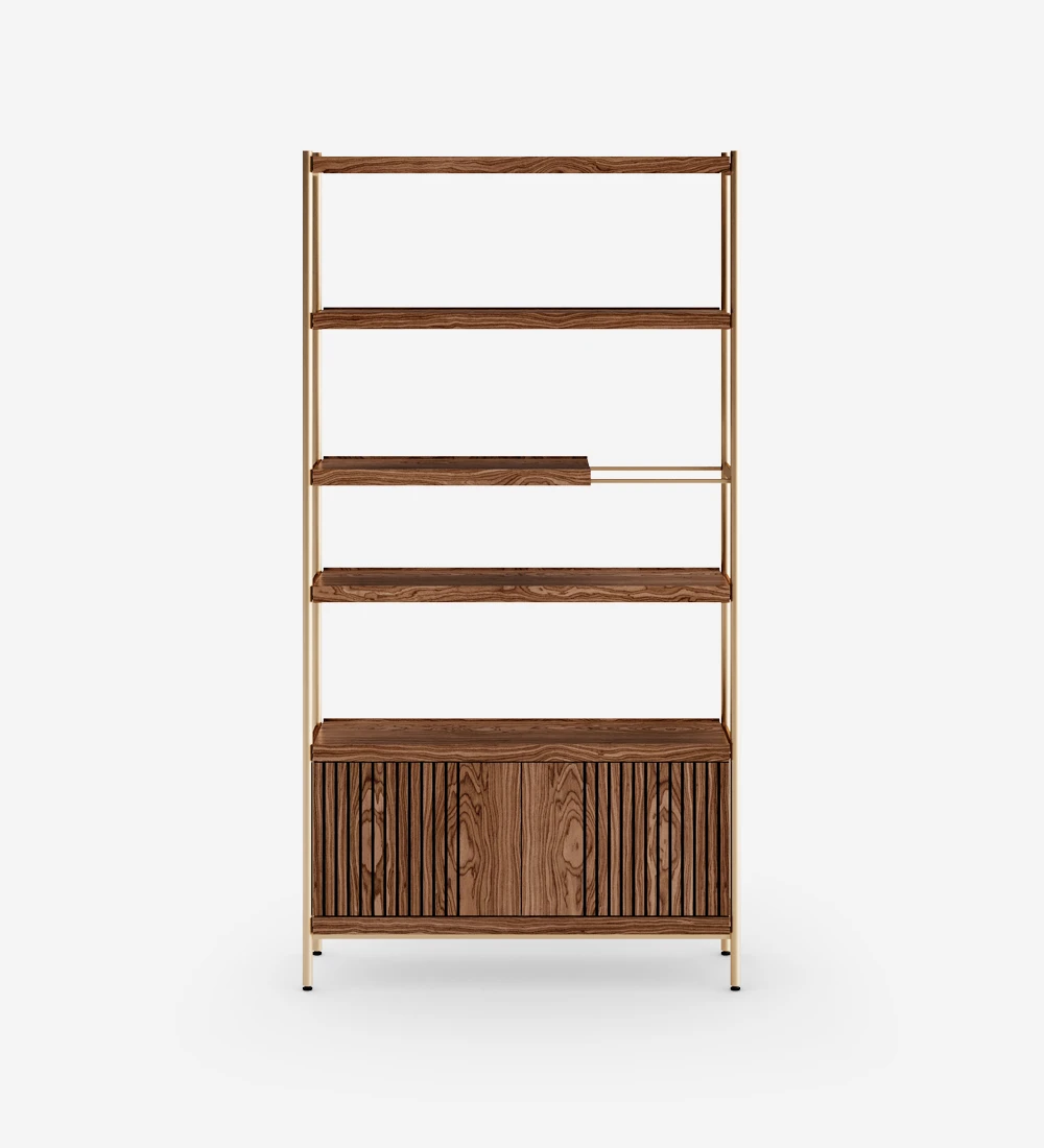 Double-sided bookcase with a 2 doors module, in walnut with friezes, with a golden lacquered metal structure, feet with levelers.