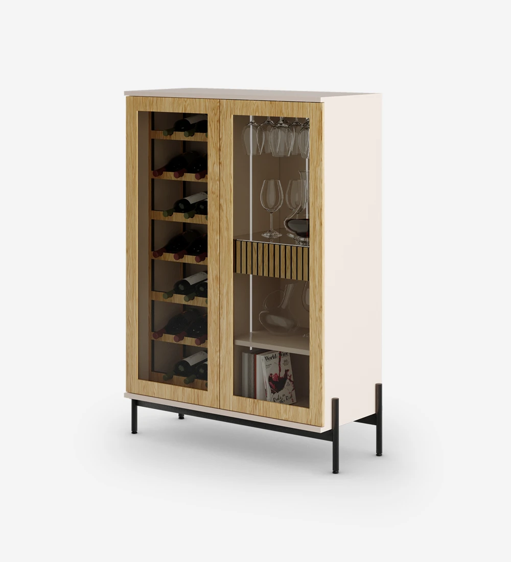 Wine cellar cabinet in natural oak, with lighting, pearl structure and black lacquered metal feet with levelers.
