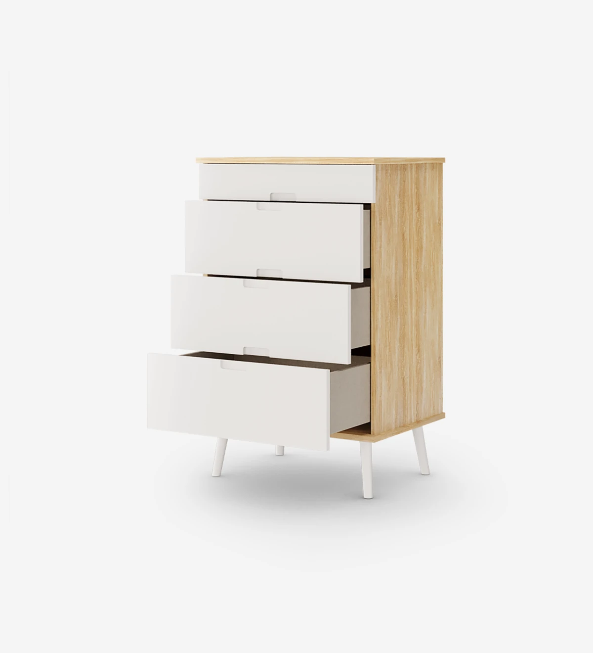 Dresser with 4 drawers with pearl lacquered fronts, pearl lacquered turned legs and natural oak structure.