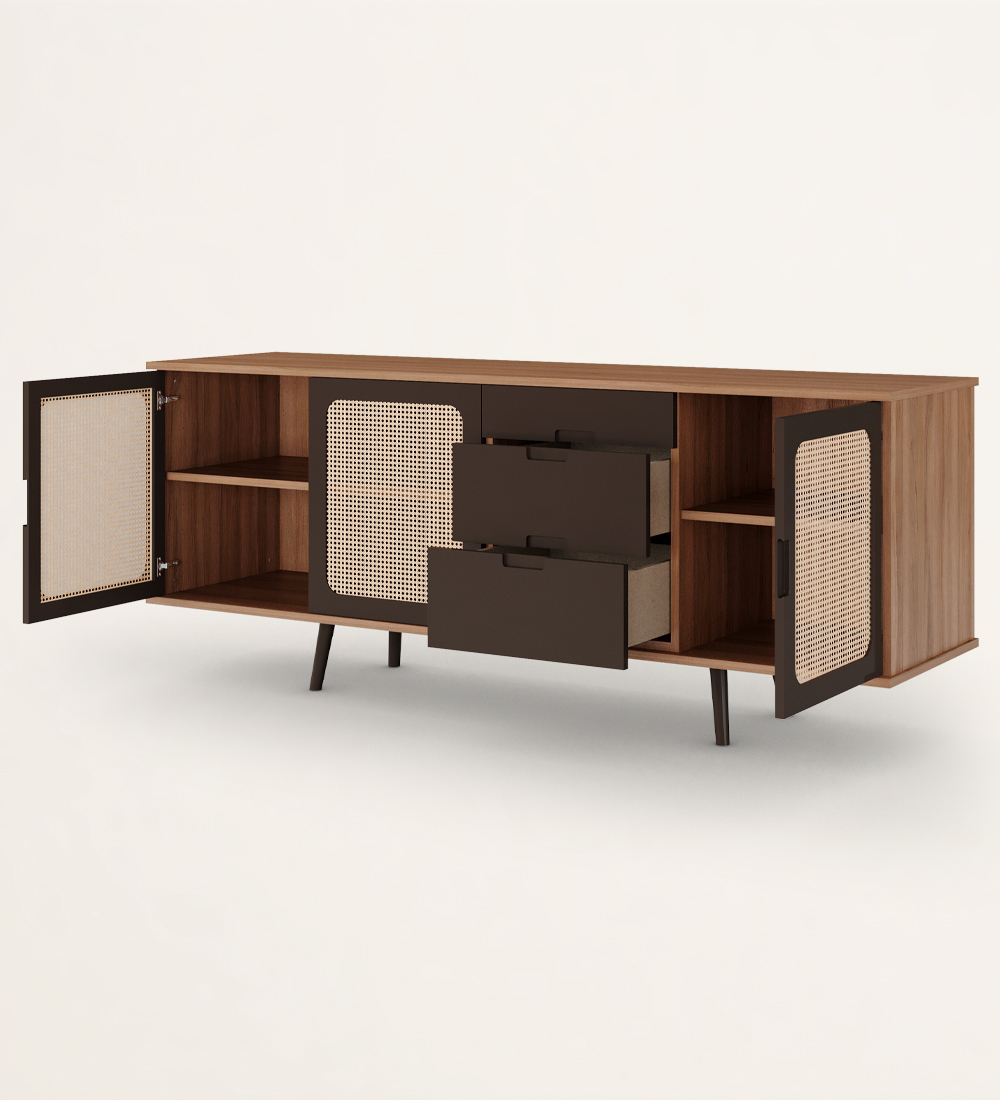 Sideboard with 3 rattan detail doors, 3 drawers and dark brown lacquered legs, walnut structure.