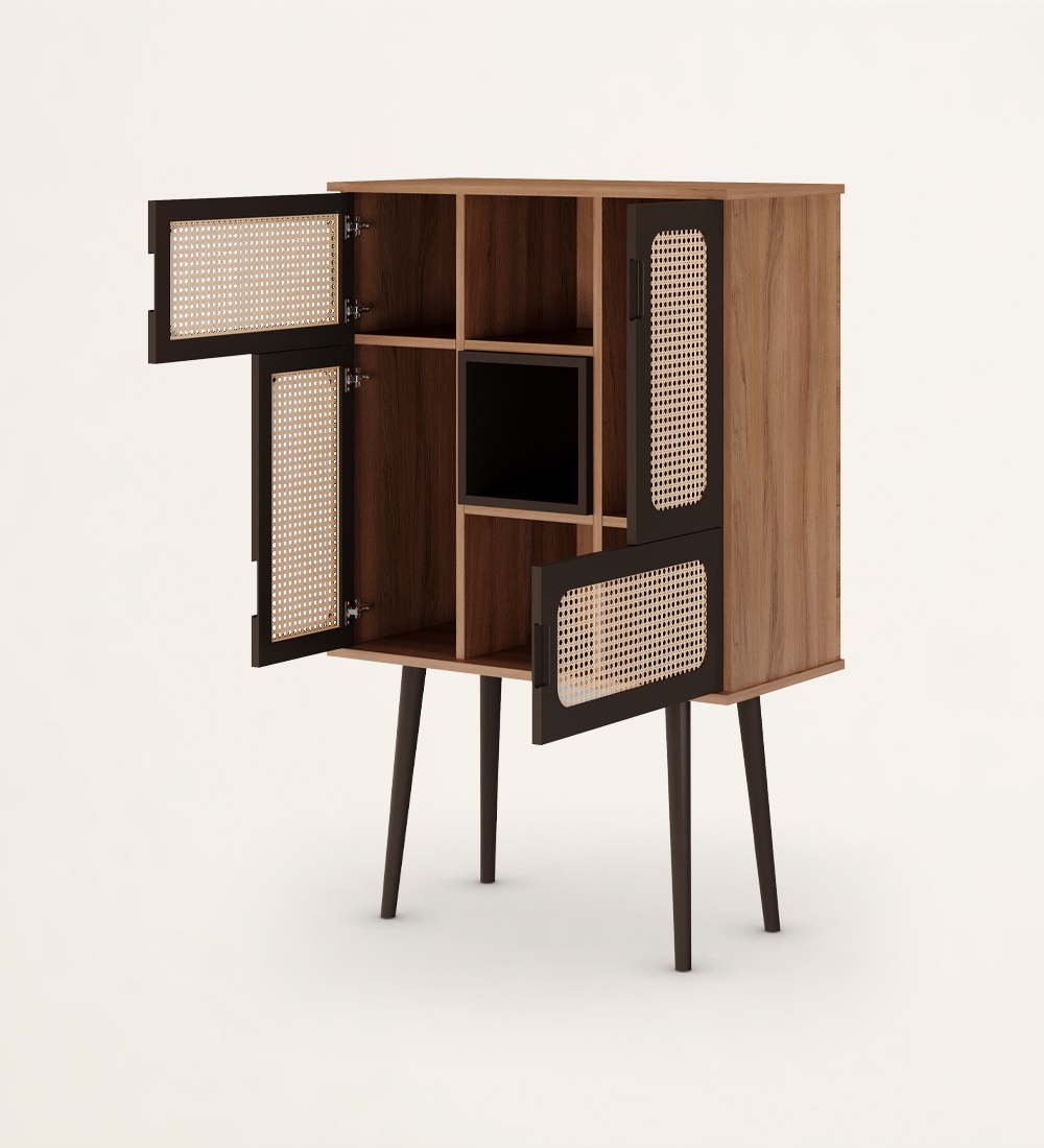 Bar cabinet with 4 rattan detailed doors, walnut structure, module and feet lacquered in dark brown.