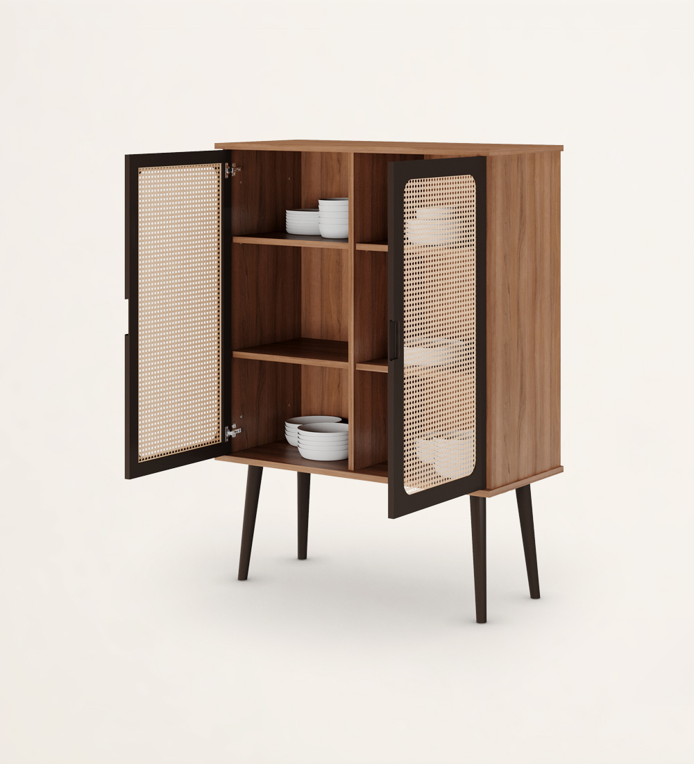 Cupboard with 2 doors detailed in rattan, walnut structure, lacquered dark brown doors and feet.