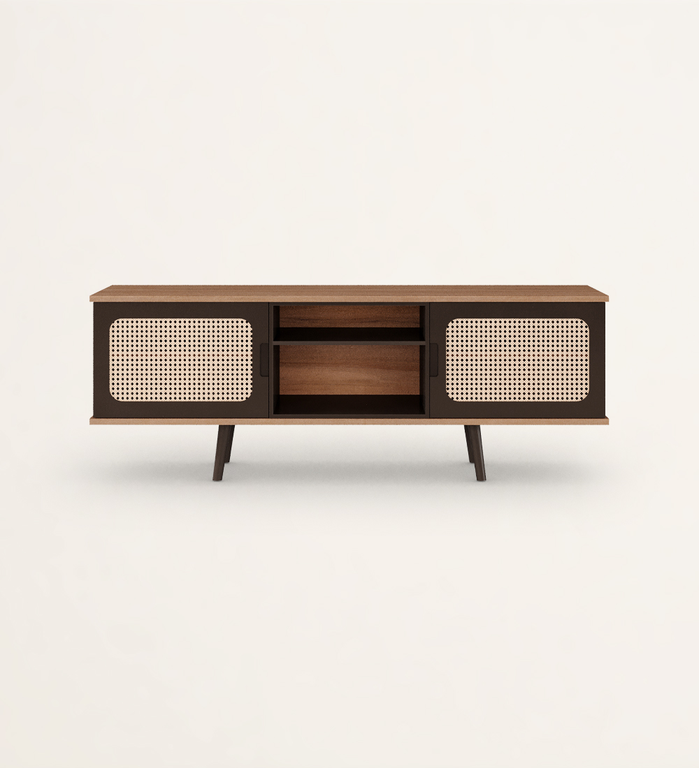 TV stand with 2 doors in rattan detail, module and feet lacquered in dark brown, walnut structure.