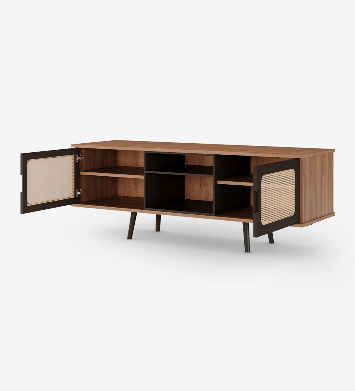 Malmo TV stand 2 doors, rattan detail, dark brown lacquered module and feet, walnut structure, 160 x 58,8 cm.