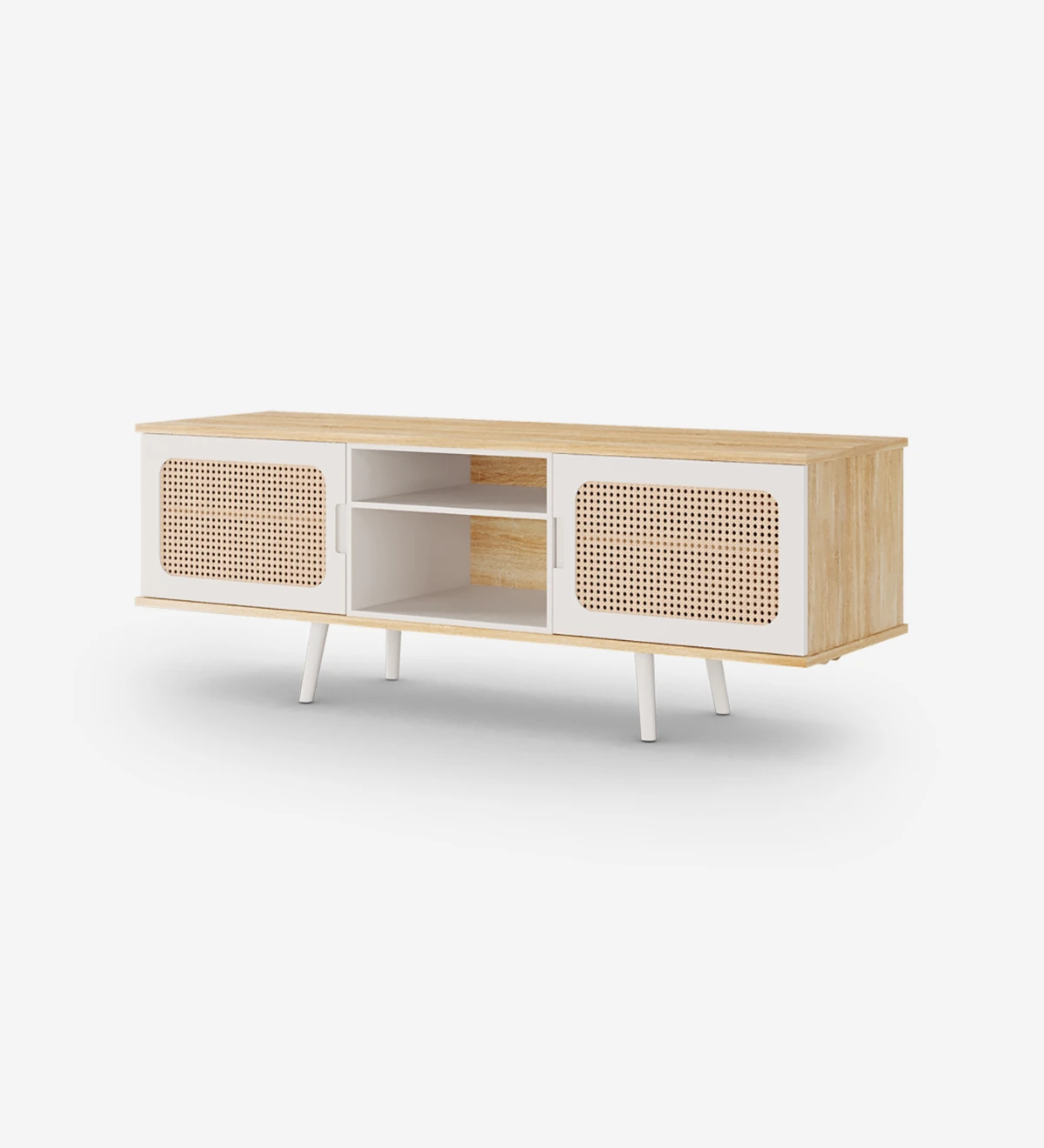 Malmo TV stand 2 doors, rattan detail, pearl lacquered module and feet, natural oak structure, 160 x 58,8 cm.