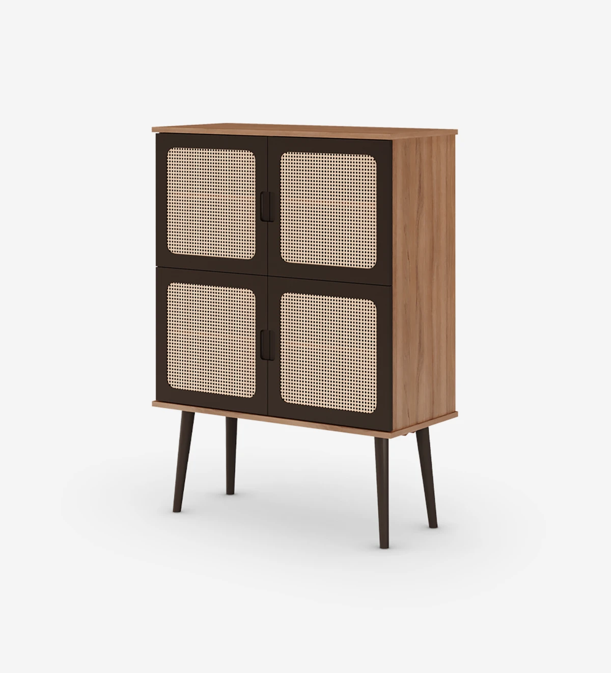 Cupboard with 4 rattan detail doors, walnut frame, dark brown lacquered doors and feet.
