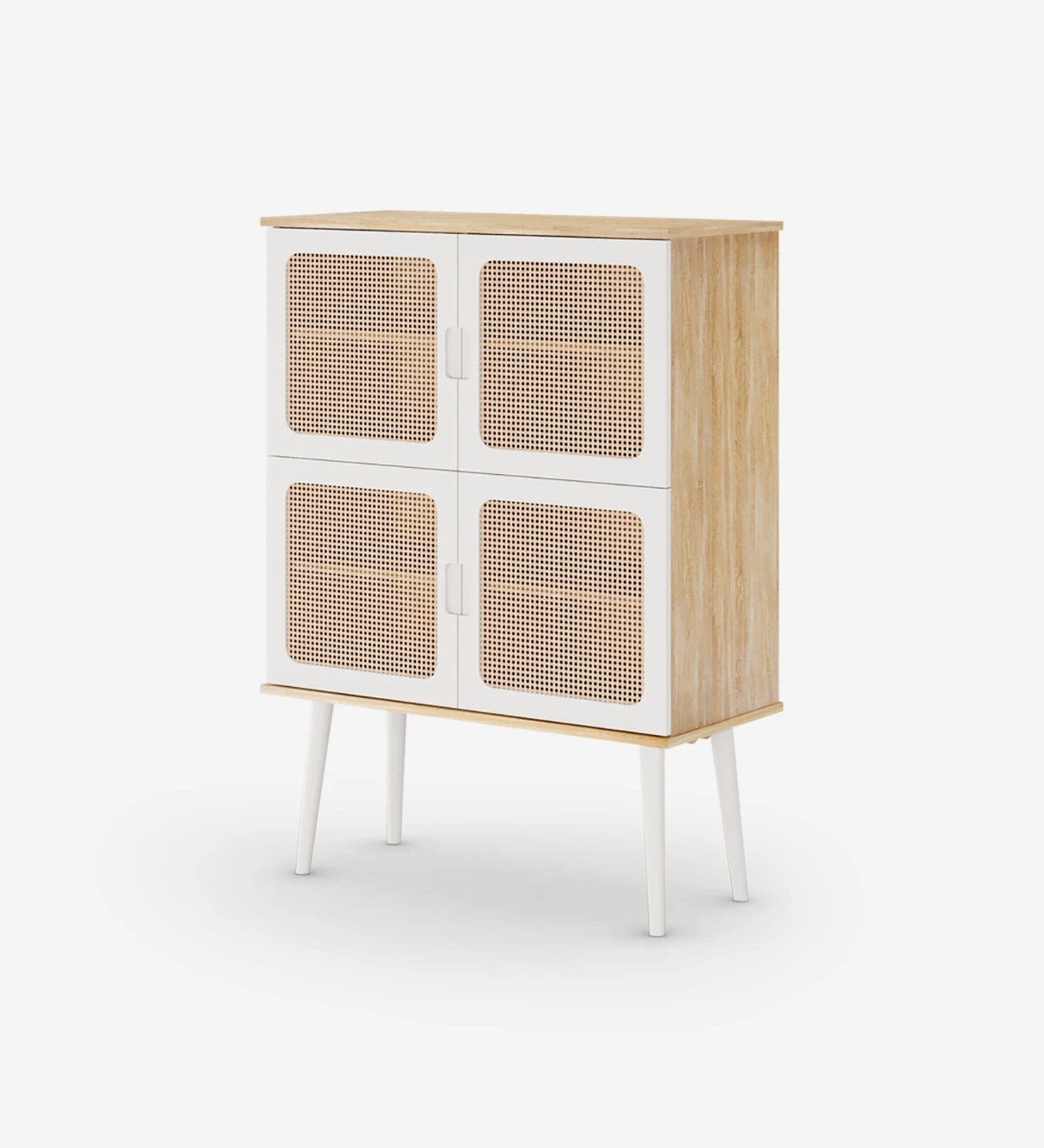 Cupboard with 4 doors detailed in rattan, structure in natural color oak, pearl lacquered doors and feet.